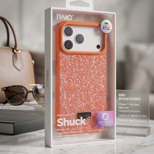 RMO Shuck Series Glitter Protective Case for iPhone 17 Pro Max – Shockproof Luxury Cover (Orange)